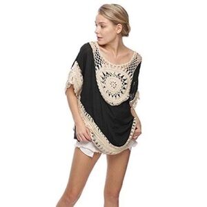 LA Class Women’s Navy Crochet Cover-Up Tunic L/XL Boho Beach Festival‎ Kimono